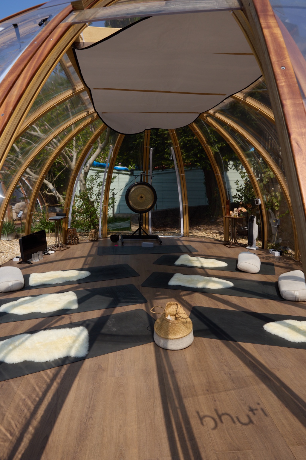 A light-filled retreat dome arranged for guided deep rest